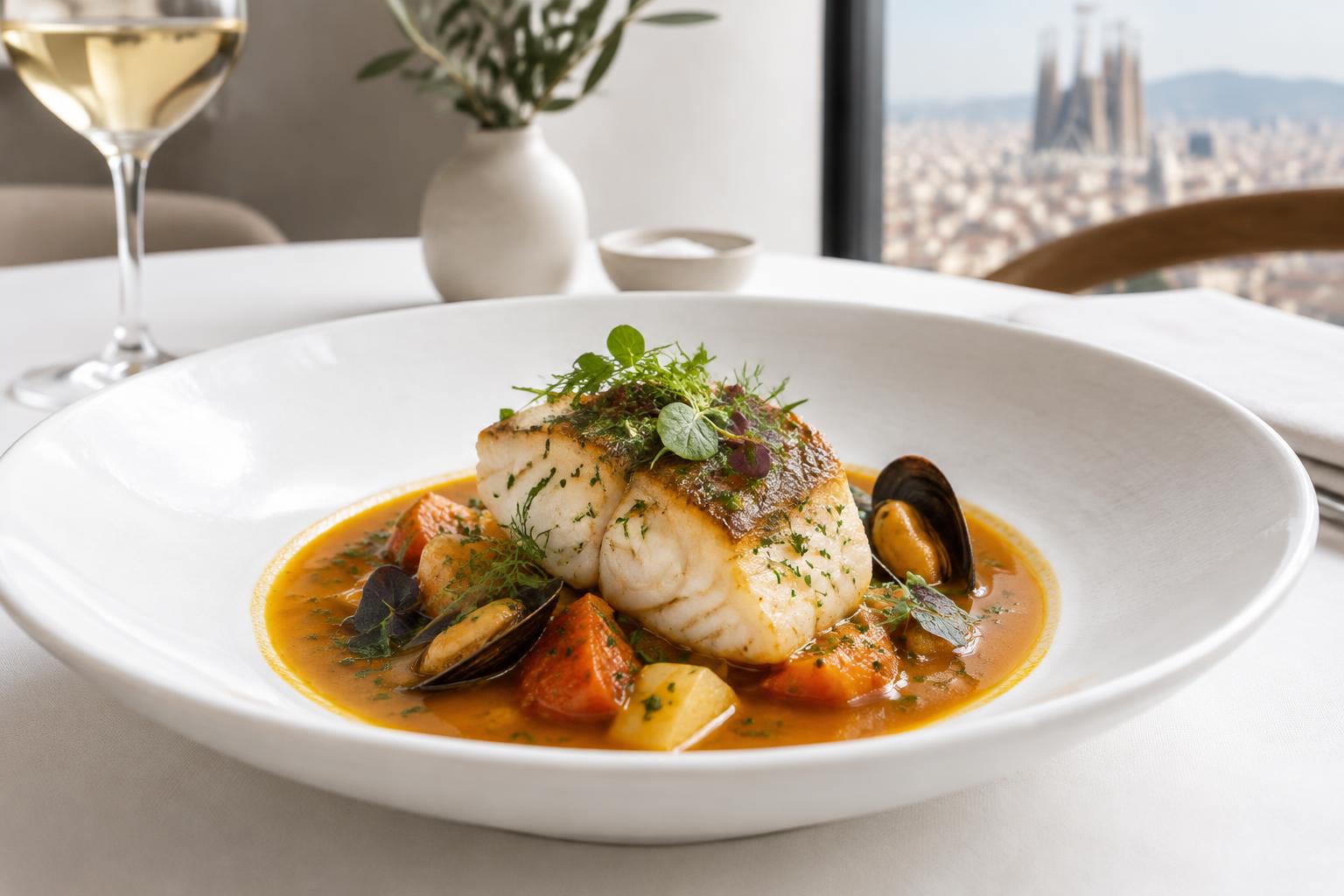Suquet de pescado de roca en plato blanco con vistas a Barcelona