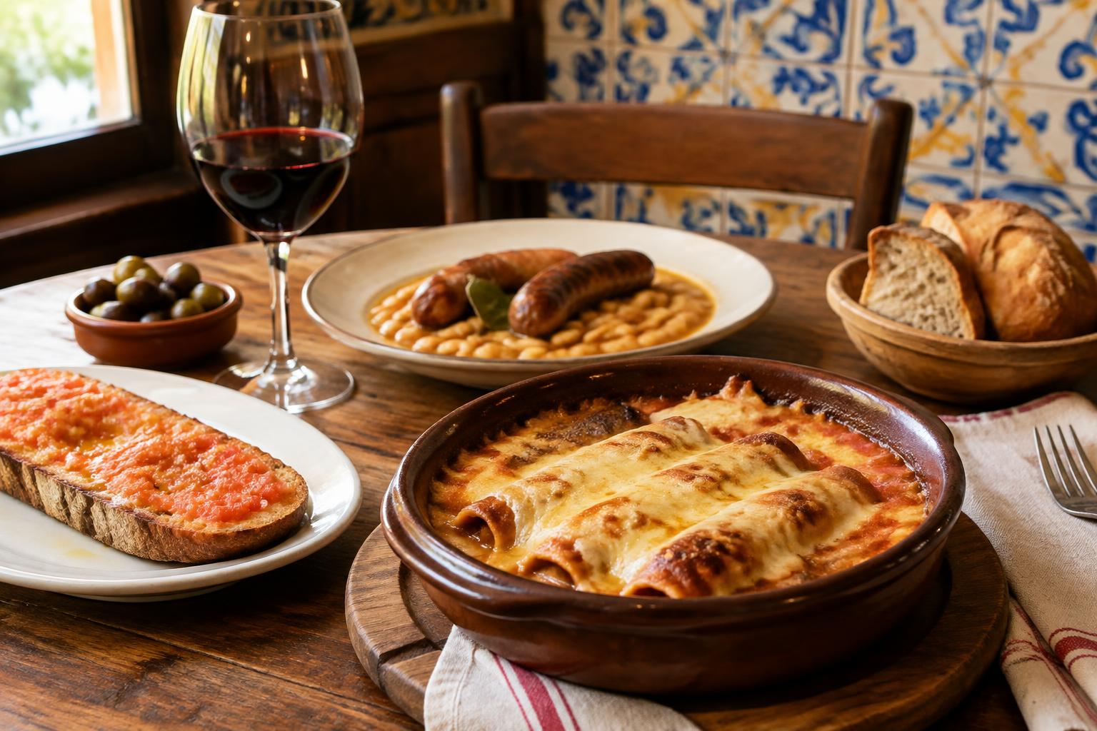 Canelones gratinados, butifarra con judías y pan con tomate