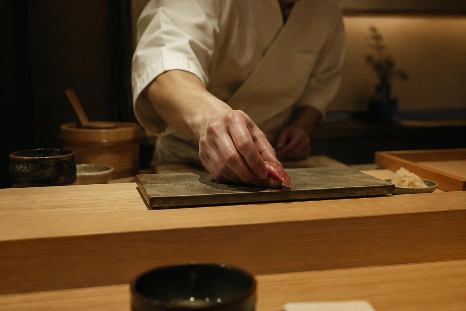 Barra omakase con el chef sirviendo nigiri