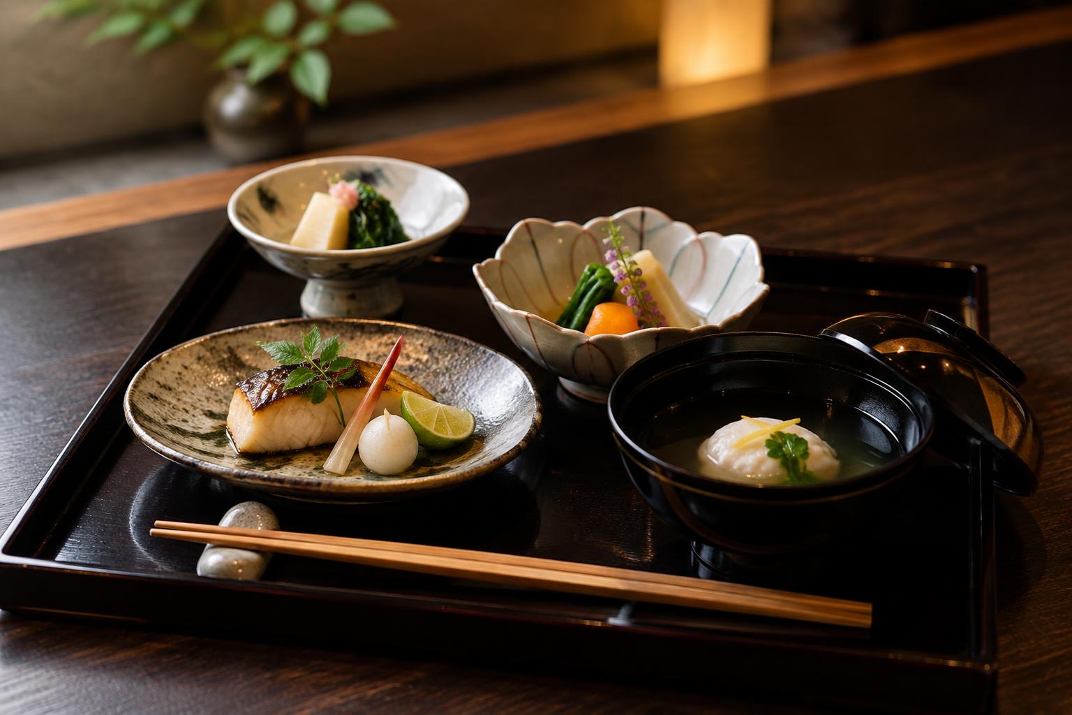 Menú kaiseki de temporada servido en una bandeja de laca negra