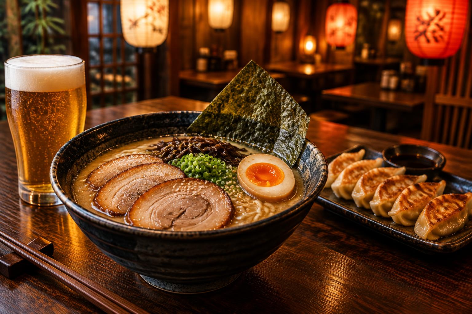 Ramen tonkotsu con chashu, huevo marinado y gyozas