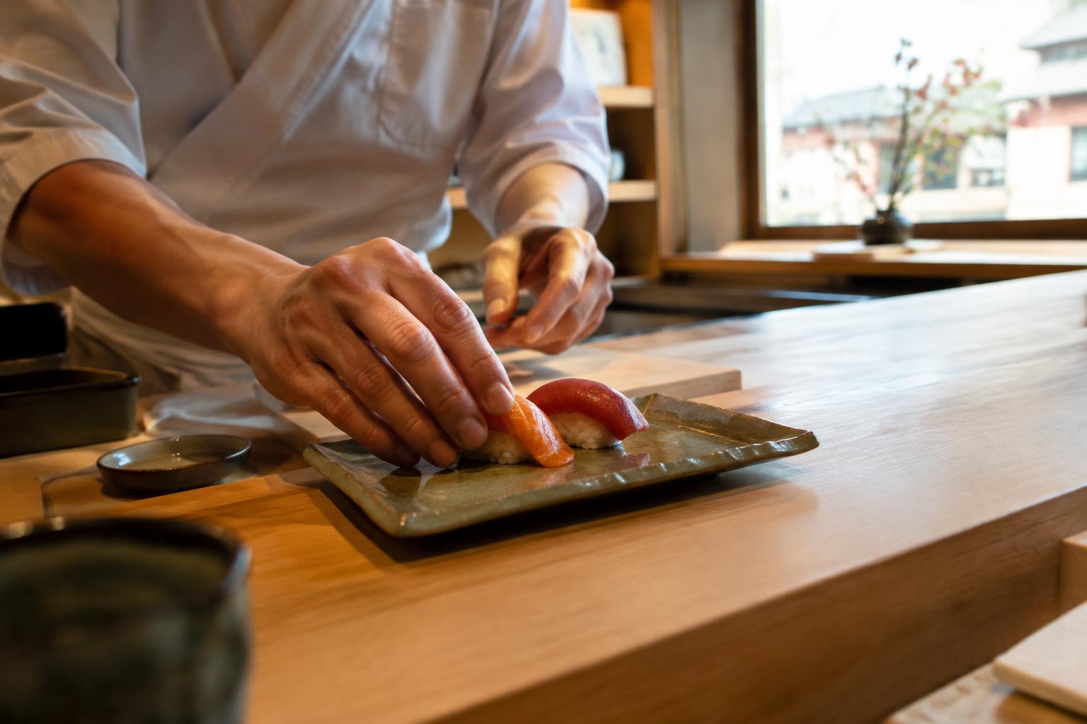 Chef colocando nigiri de salmón y atún en un plato de cerámica