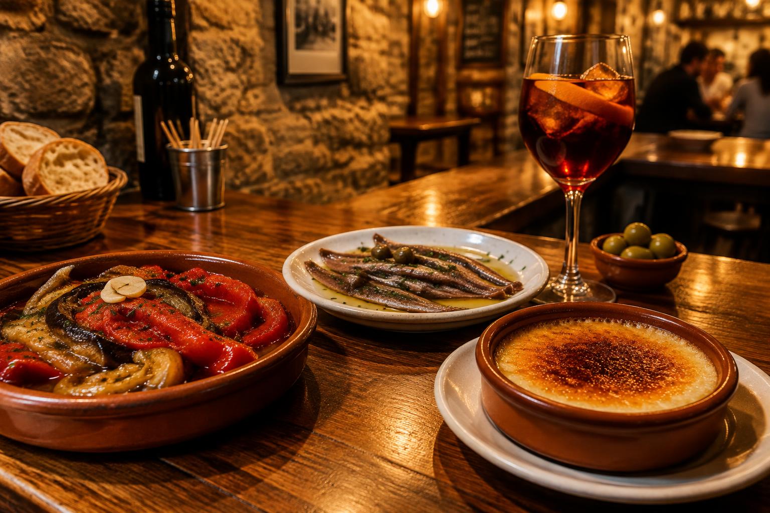 Escalivada, anchoas de L'Escala y crema catalana en una barra del Born