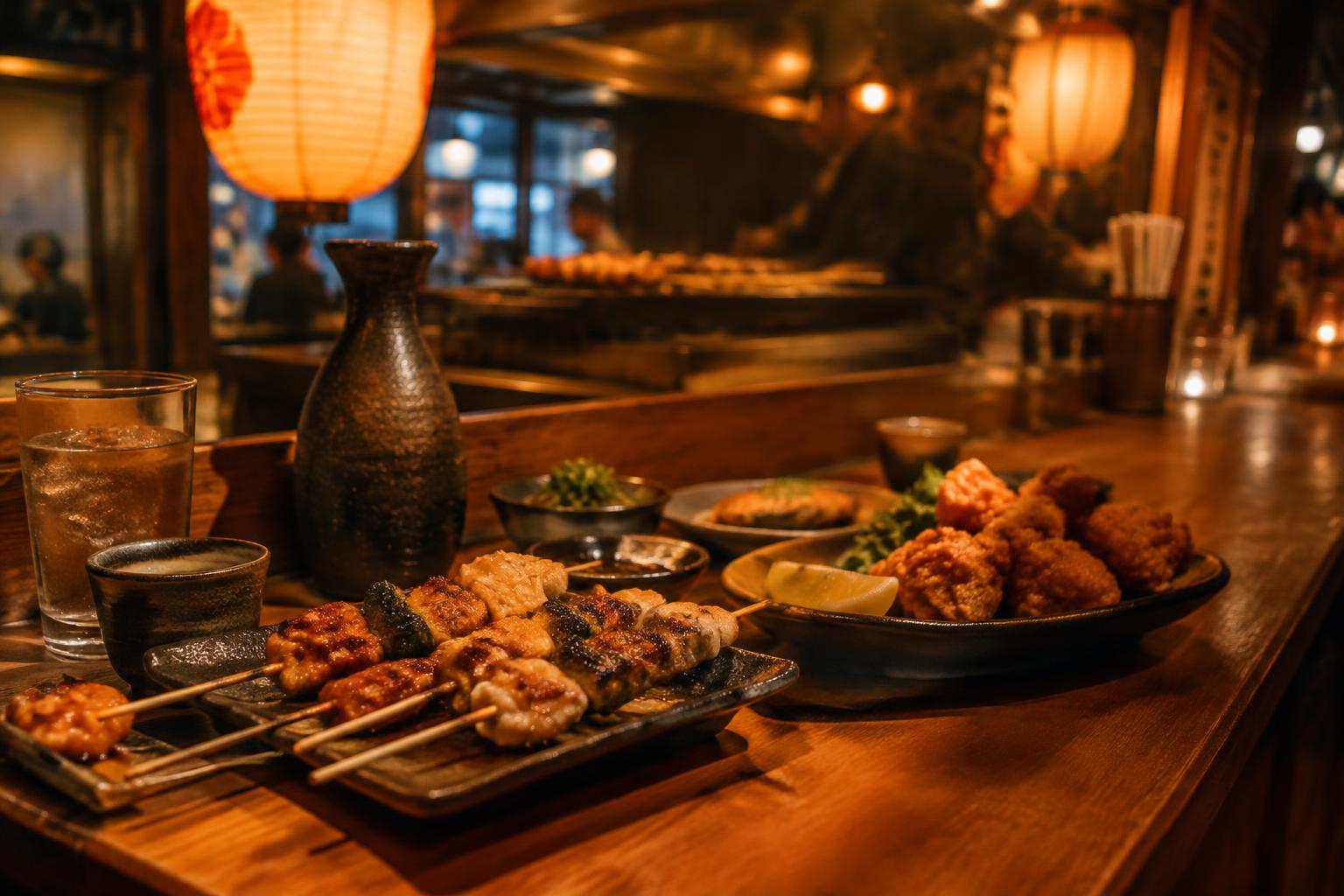 Barra de izakaya con brochetas yakitori, karaage y sake